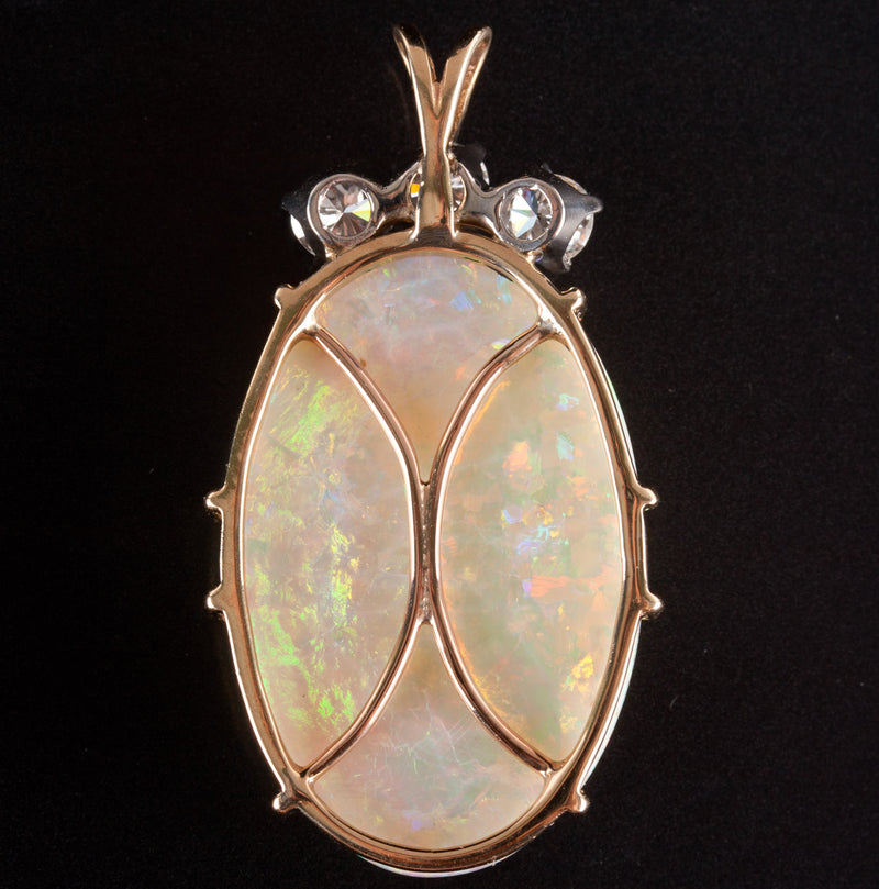 14k Yellow White Gold Oval Cabochon Opal Round Diamond Pendant 20.48ctw 7.52g
