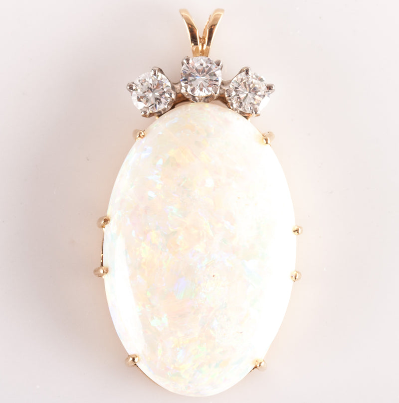 14k Yellow White Gold Oval Cabochon Opal Round Diamond Pendant 20.48ctw 7.52g