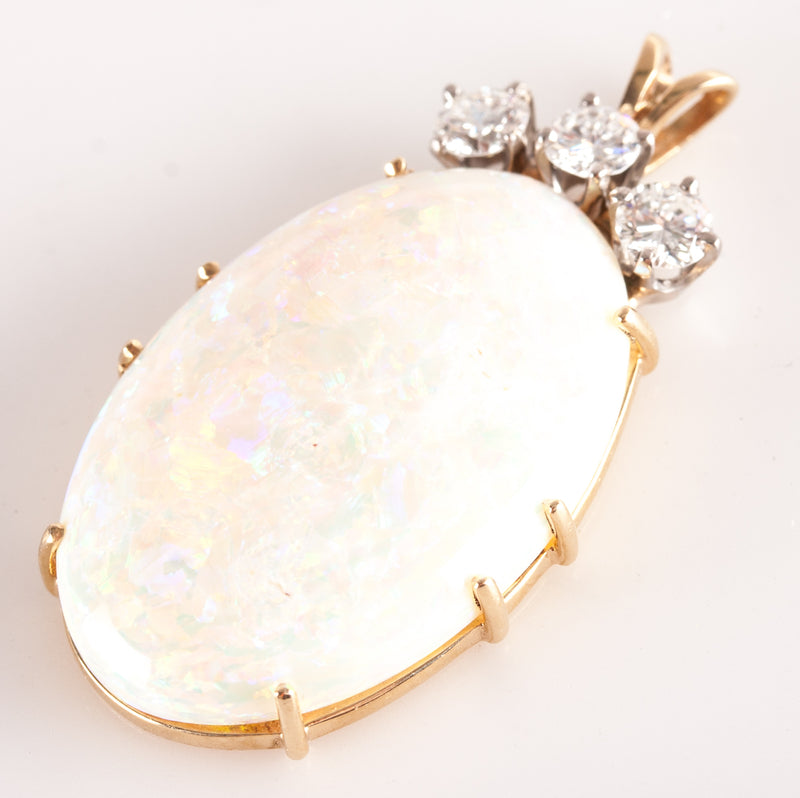 14k Yellow White Gold Oval Cabochon Opal Round Diamond Pendant 20.48ctw 7.52g