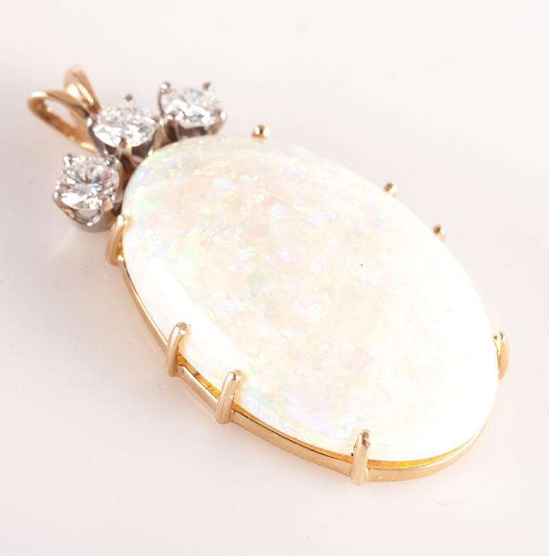 14k Yellow White Gold Oval Cabochon Opal Round Diamond Pendant 20.48ctw 7.52g