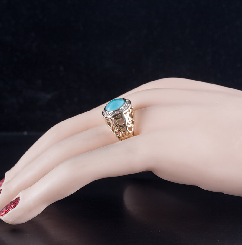 14k Yellow Gold Le Vian Cabochon Turquoise Diamond Halo Cocktail Ring .05ctw