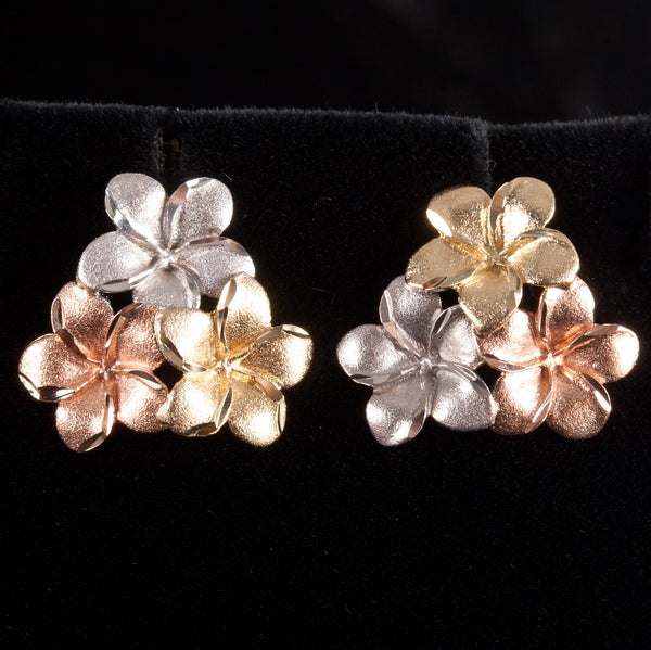 14k Yellow White Rose Gold Tri-Color Plumeria Flower Style Stud Earrings 2.55g