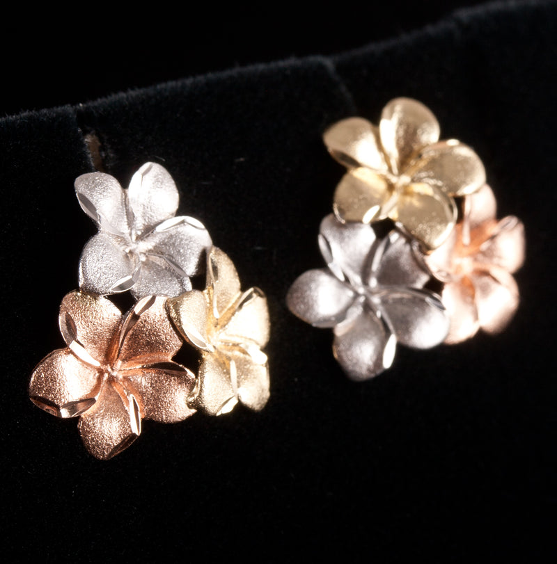 14k Yellow White Rose Gold Tri-Color Plumeria Flower Style Stud Earrings 2.55g