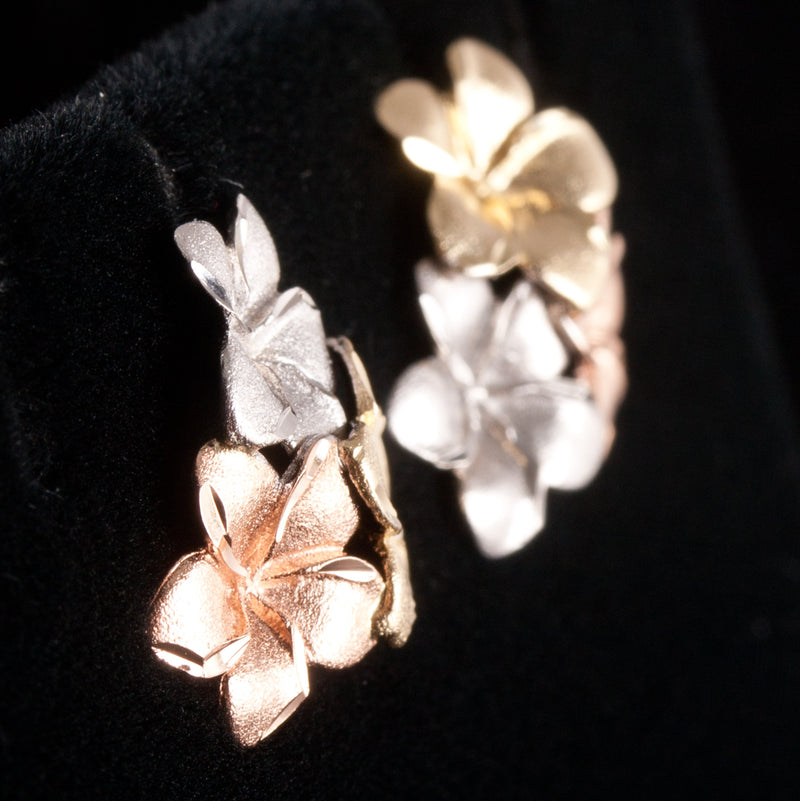 14k Yellow White Rose Gold Tri-Color Plumeria Flower Style Stud Earrings 2.55g