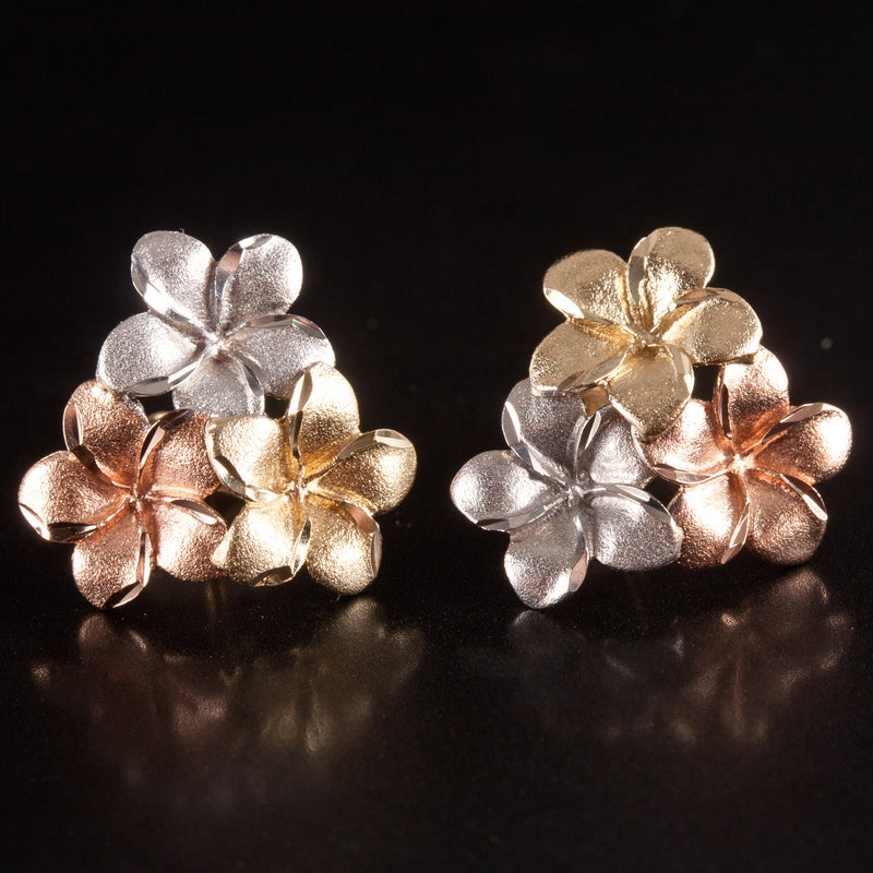 14k Yellow White Rose Gold Tri-Color Plumeria Flower Style Stud Earrings 2.55g