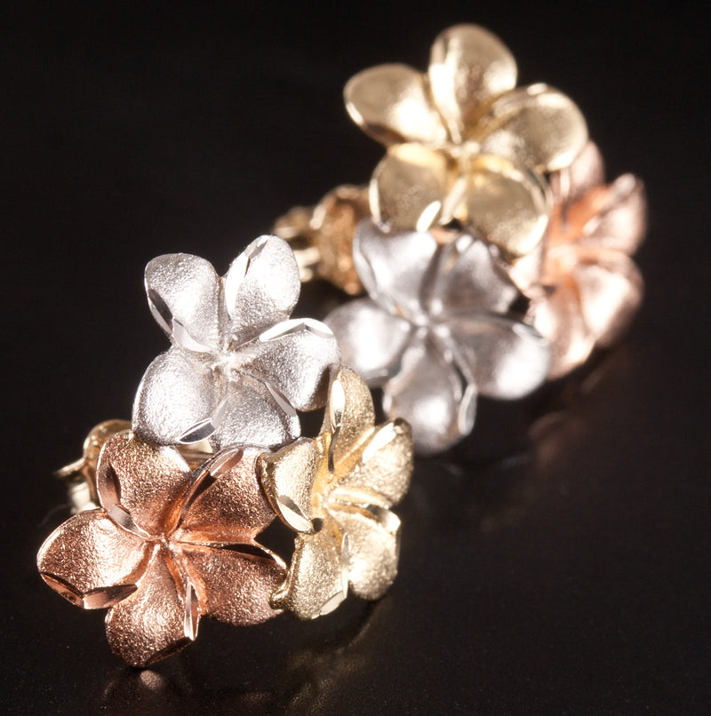 14k Yellow White Rose Gold Tri-Color Plumeria Flower Style Stud Earrings 2.55g