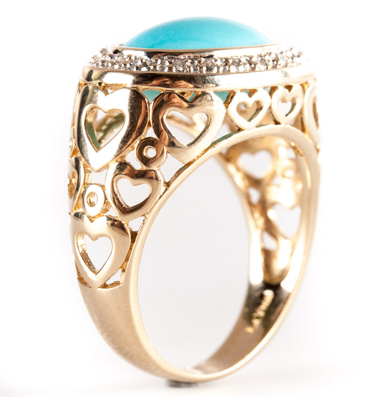 14k Yellow Gold Le Vian Cabochon Turquoise Diamond Halo Cocktail Ring .05ctw