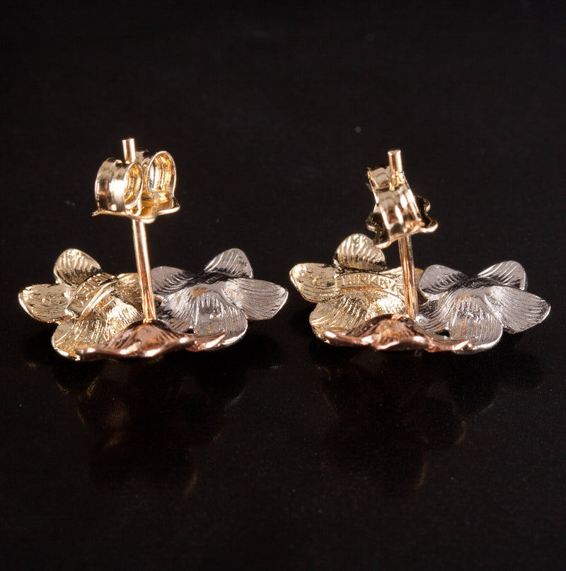 14k Yellow White Rose Gold Tri-Color Plumeria Flower Style Stud Earrings 2.55g