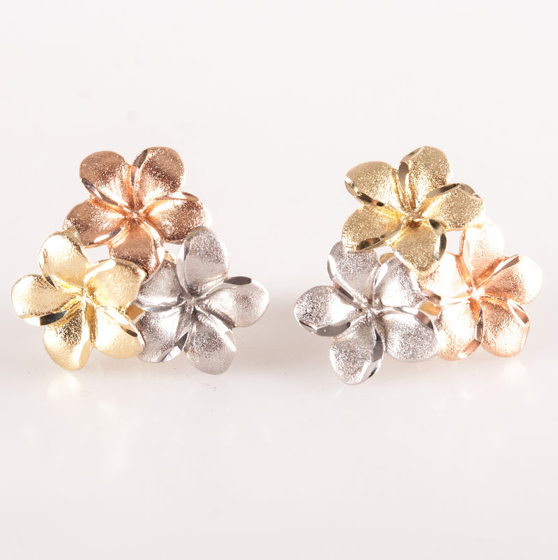 14k Yellow White Rose Gold Tri-Color Plumeria Flower Style Stud Earrings 2.55g
