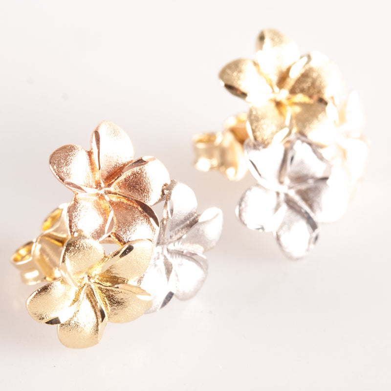 14k Yellow White Rose Gold Tri-Color Plumeria Flower Style Stud Earrings 2.55g