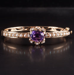 14k Yellow Gold Oval Amethyst Pearl Diamond Hinged Bangle Bracelet 4.28ctw 17.3g