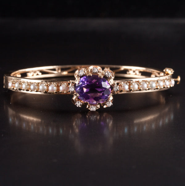 14k Yellow Gold Oval Amethyst Pearl Diamond Hinged Bangle Bracelet 4.28ctw 17.3g