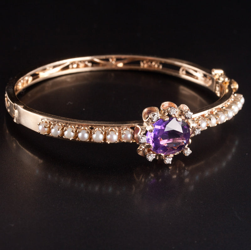 14k Yellow Gold Oval Amethyst Pearl Diamond Hinged Bangle Bracelet 4.28ctw 17.3g
