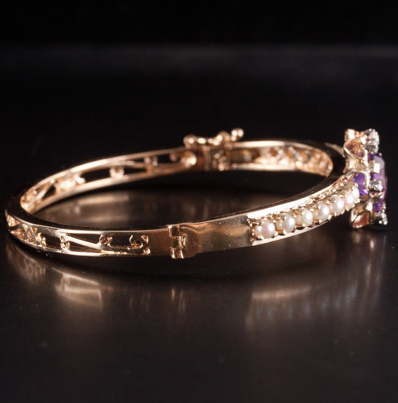 14k Yellow Gold Oval Amethyst Pearl Diamond Hinged Bangle Bracelet 4.28ctw 17.3g