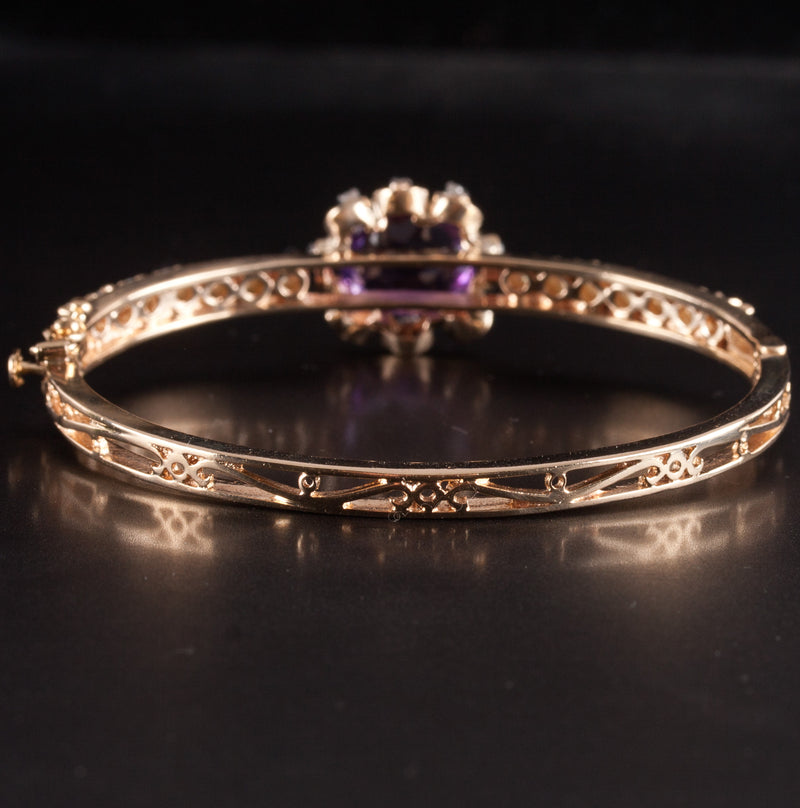 14k Yellow Gold Oval Amethyst Pearl Diamond Hinged Bangle Bracelet 4.28ctw 17.3g