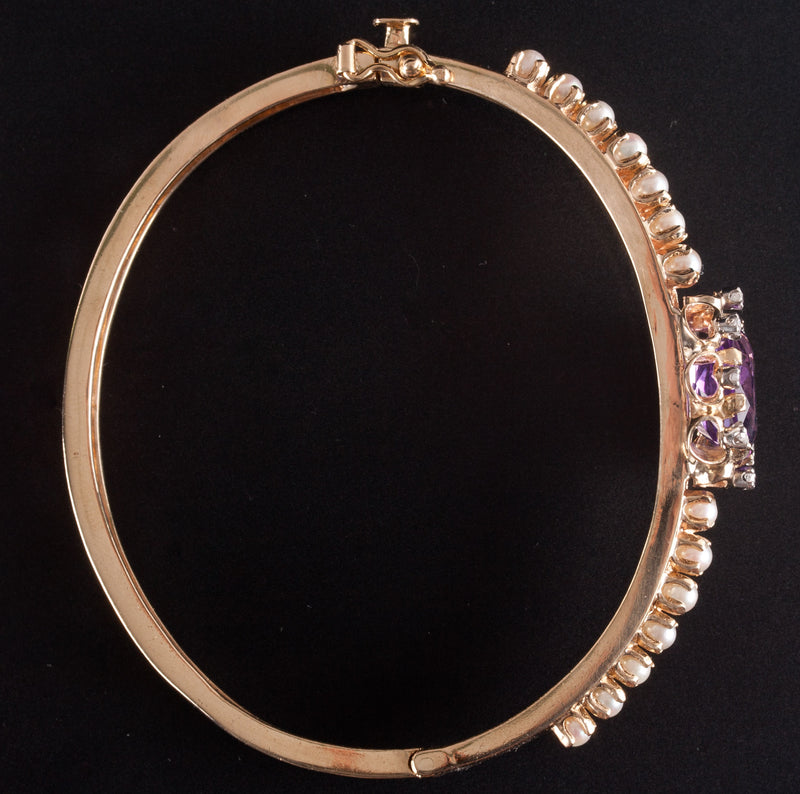 14k Yellow Gold Oval Amethyst Pearl Diamond Hinged Bangle Bracelet 4.28ctw 17.3g