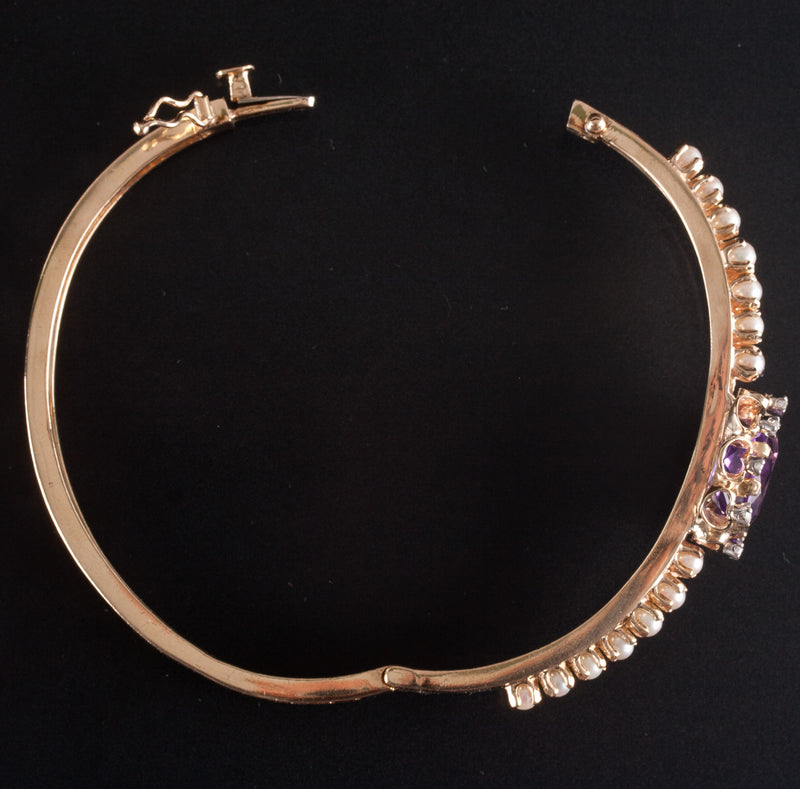 14k Yellow Gold Oval Amethyst Pearl Diamond Hinged Bangle Bracelet 4.28ctw 17.3g