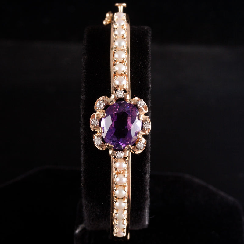 14k Yellow Gold Oval Amethyst Pearl Diamond Hinged Bangle Bracelet 4.28ctw 17.3g