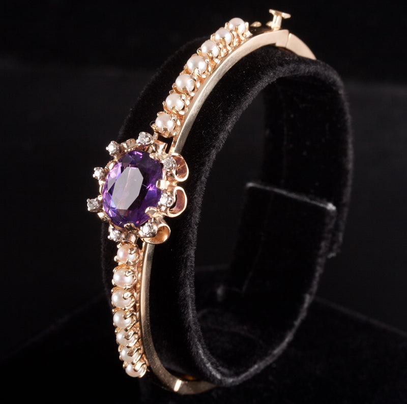 14k Yellow Gold Oval Amethyst Pearl Diamond Hinged Bangle Bracelet 4.28ctw 17.3g