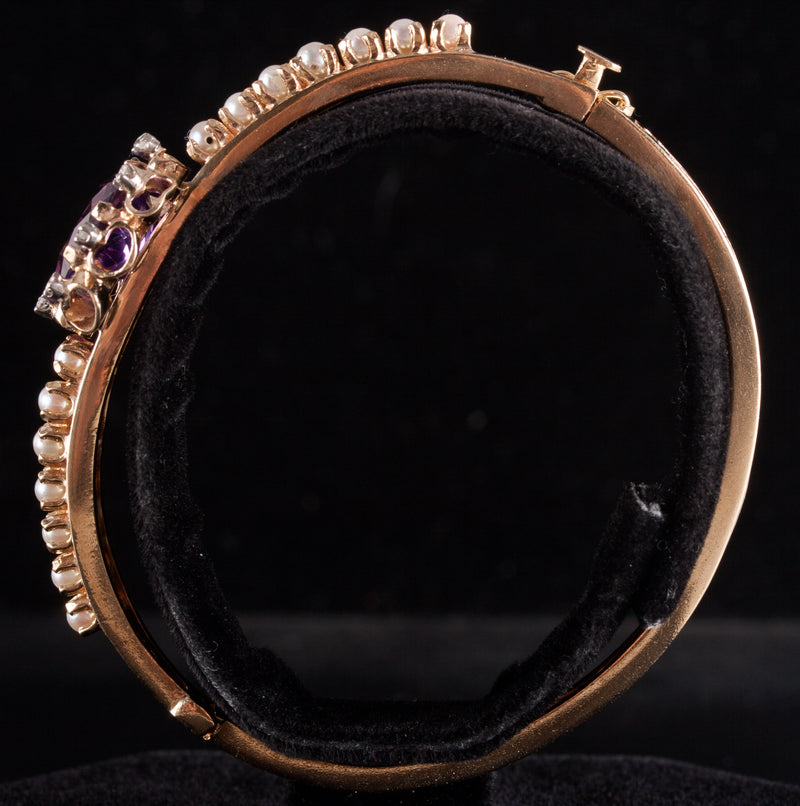 14k Yellow Gold Oval Amethyst Pearl Diamond Hinged Bangle Bracelet 4.28ctw 17.3g