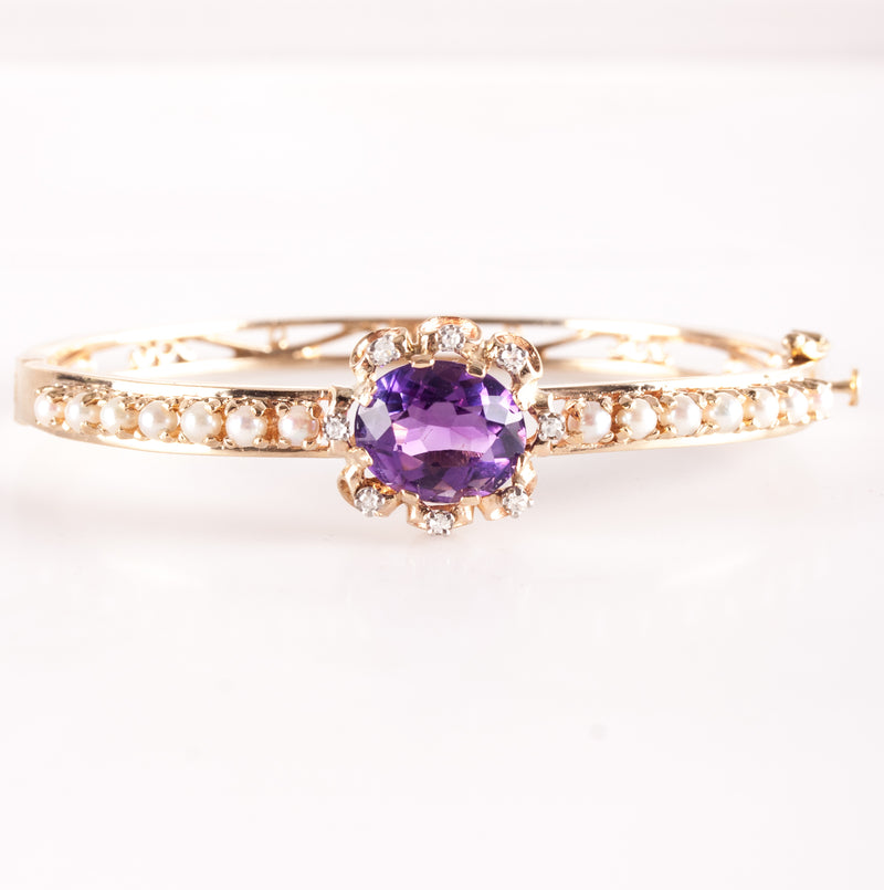 14k Yellow Gold Oval Amethyst Pearl Diamond Hinged Bangle Bracelet 4.28ctw 17.3g