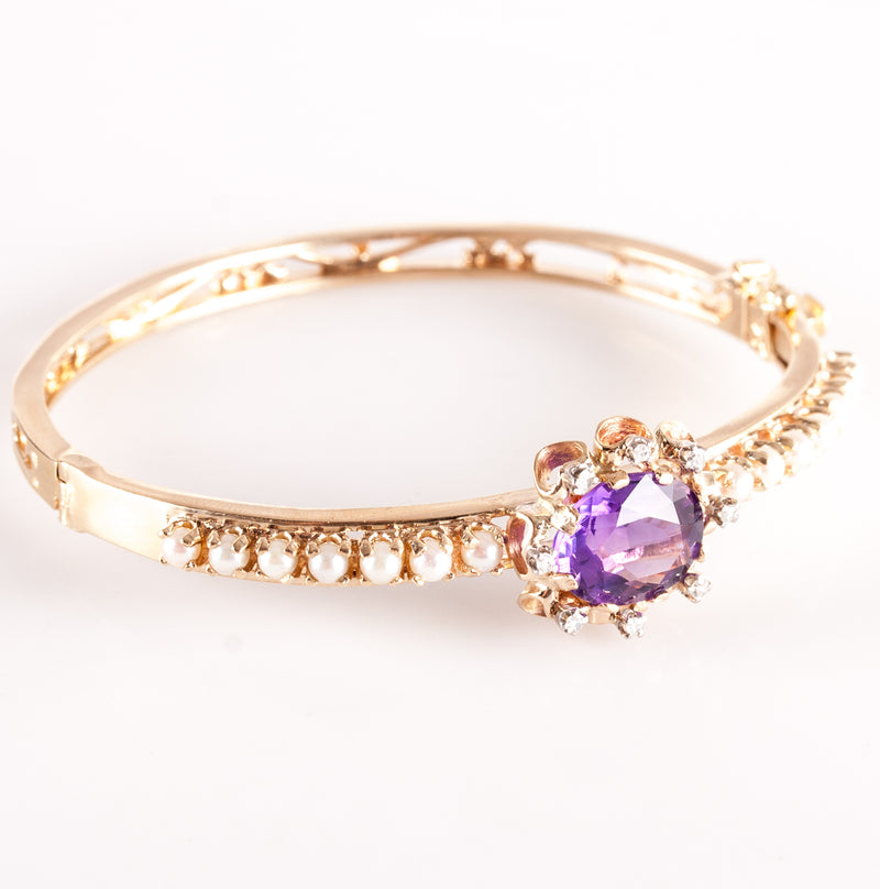 14k Yellow Gold Oval Amethyst Pearl Diamond Hinged Bangle Bracelet 4.28ctw 17.3g