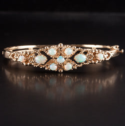 12k Yellow Gold Oval Cabochon AA Opal Hinged Bangle Bracelet 1.37ctw 18.9g