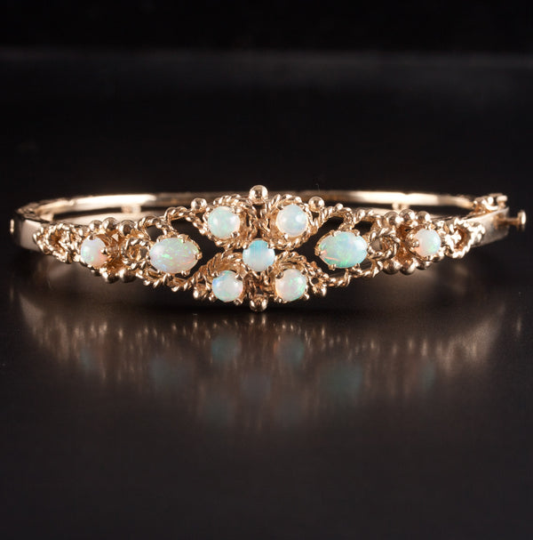 12k Yellow Gold Oval Cabochon AA Opal Hinged Bangle Bracelet 1.37ctw 18.9g