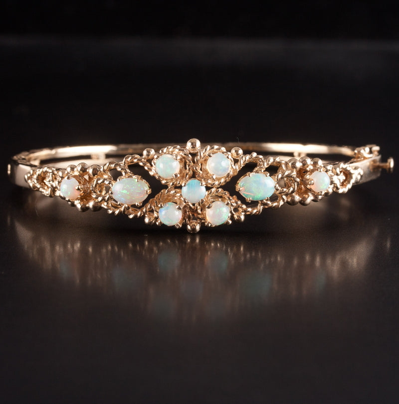 12k Yellow Gold Oval Cabochon AA Opal Hinged Bangle Bracelet 1.37ctw 18.9g
