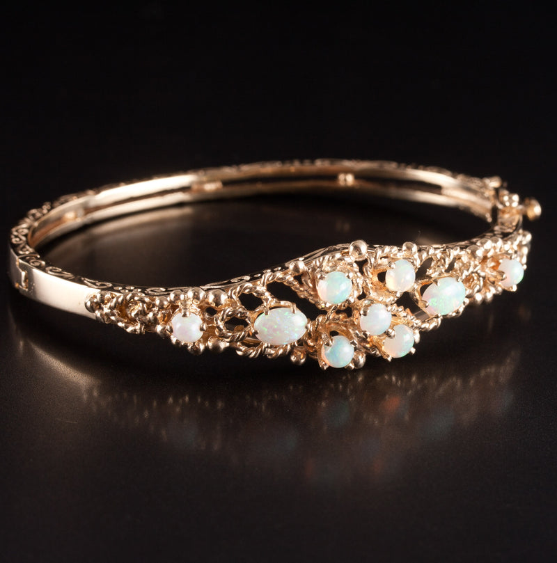 12k Yellow Gold Oval Cabochon AA Opal Hinged Bangle Bracelet 1.37ctw 18.9g
