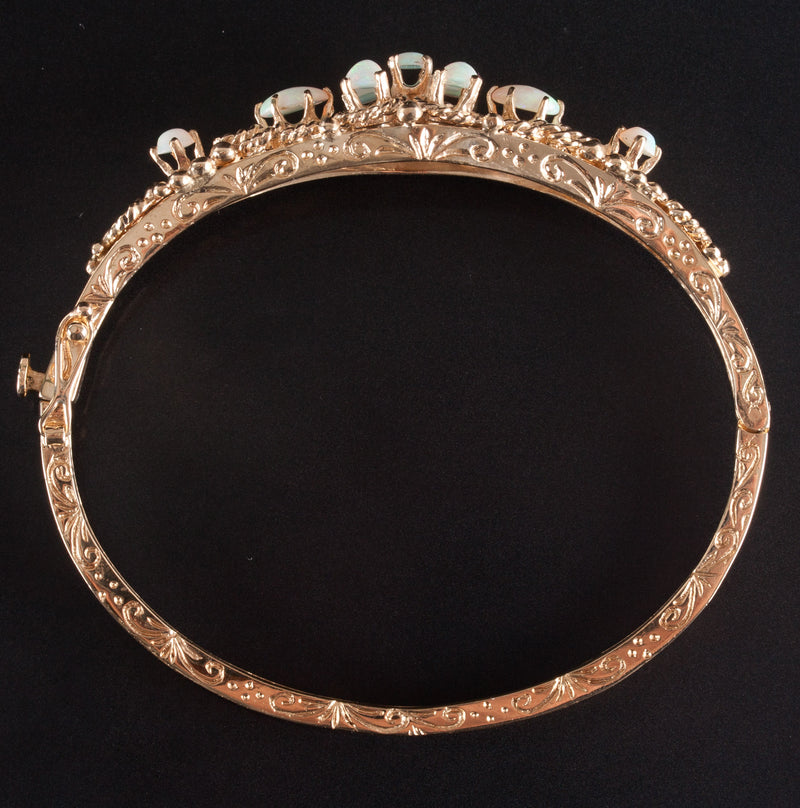12k Yellow Gold Oval Cabochon AA Opal Hinged Bangle Bracelet 1.37ctw 18.9g