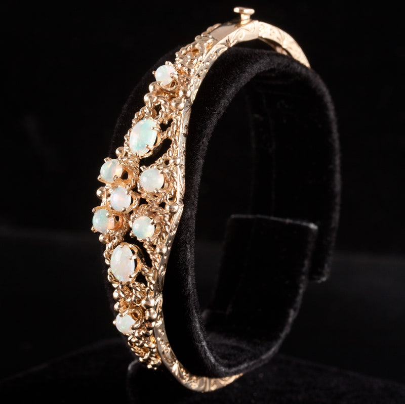12k Yellow Gold Oval Cabochon AA Opal Hinged Bangle Bracelet 1.37ctw 18.9g