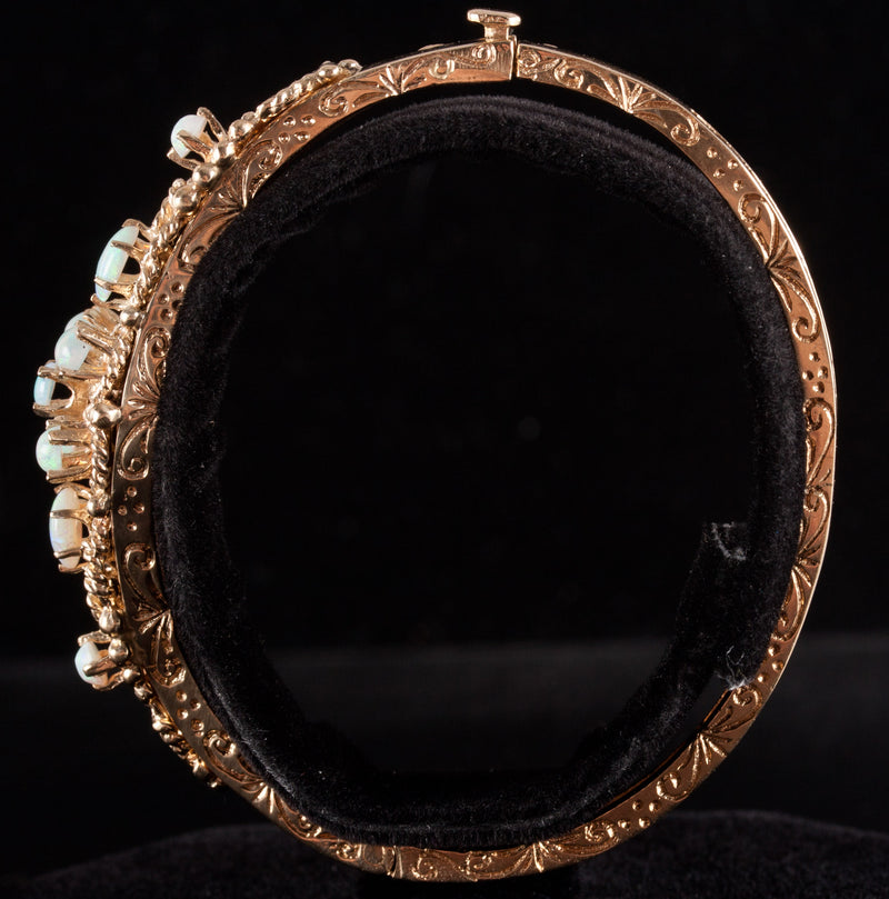 12k Yellow Gold Oval Cabochon AA Opal Hinged Bangle Bracelet 1.37ctw 18.9g