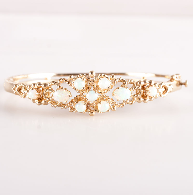 12k Yellow Gold Oval Cabochon AA Opal Hinged Bangle Bracelet 1.37ctw 18.9g