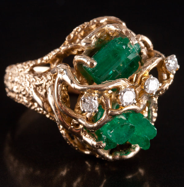 9k Yellow Gold Rough Emerald Round Diamond Cocktail Style Ring .24ctw 12.95g
