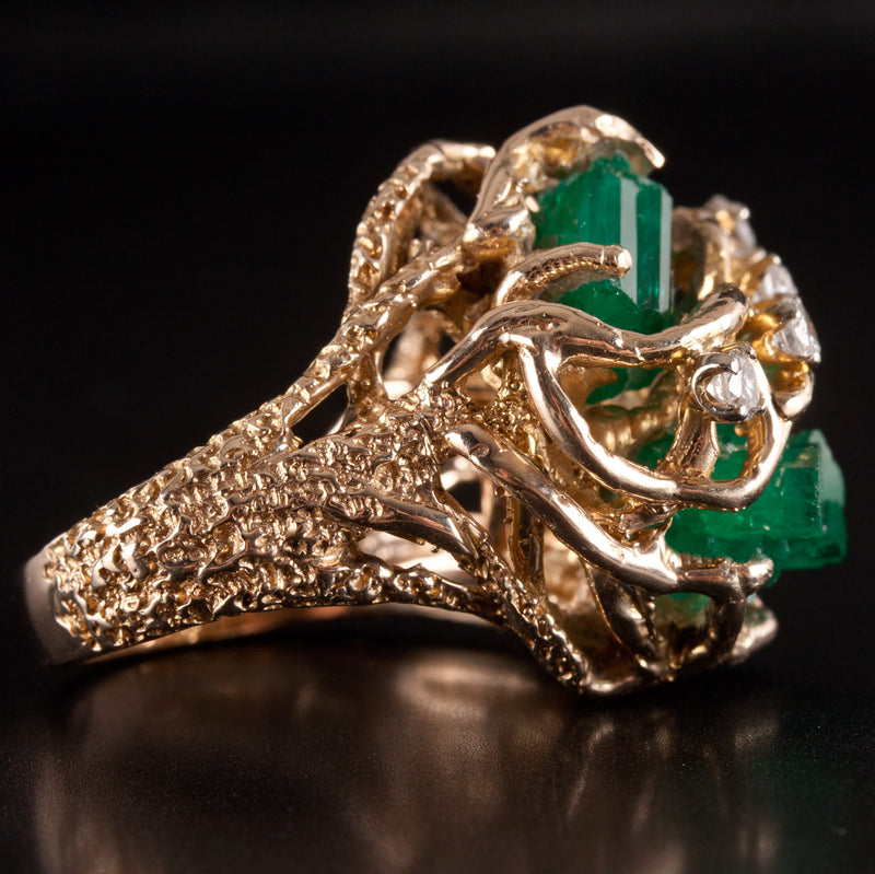 9k Yellow Gold Rough Emerald Round Diamond Cocktail Style Ring .24ctw 12.95g