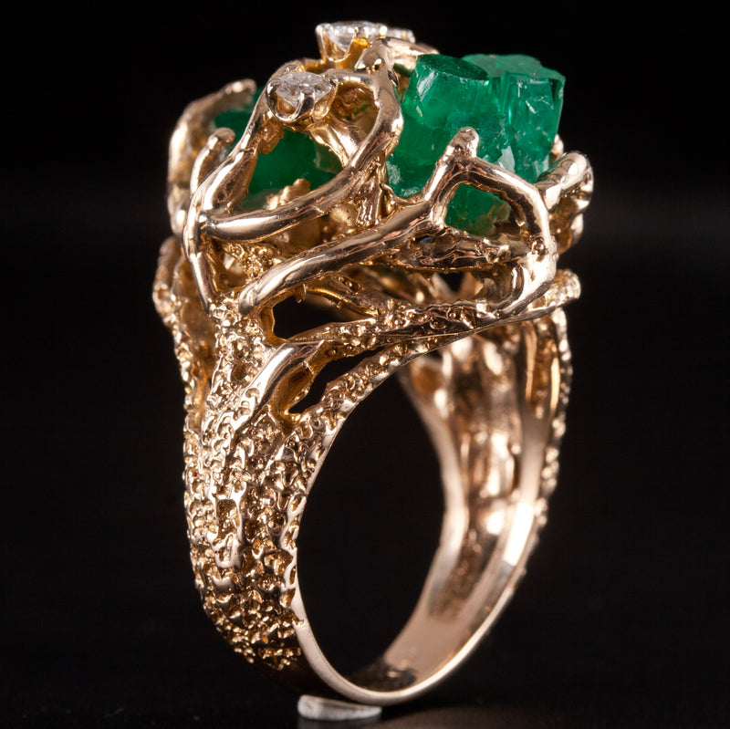 9k Yellow Gold Rough Emerald Round Diamond Cocktail Style Ring .24ctw 12.95g