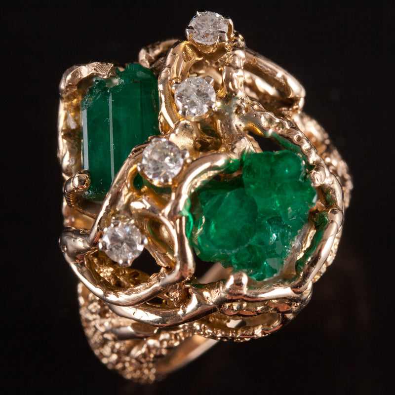 9k Yellow Gold Rough Emerald Round Diamond Cocktail Style Ring .24ctw 12.95g