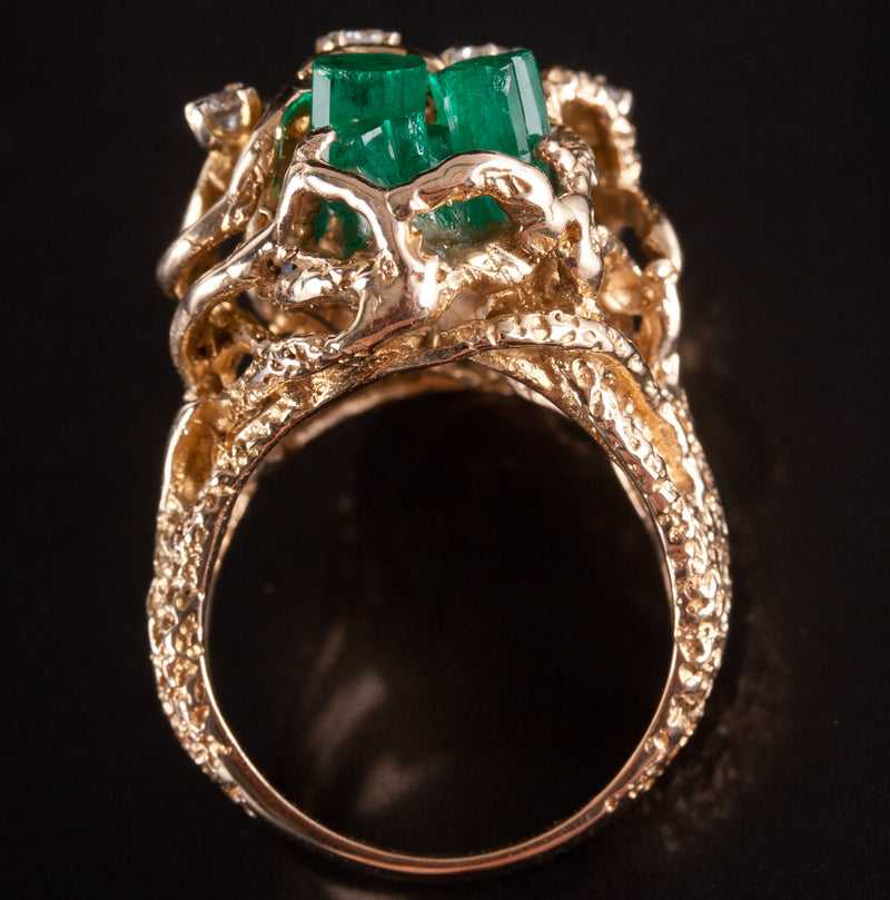 9k Yellow Gold Rough Emerald Round Diamond Cocktail Style Ring .24ctw 12.95g
