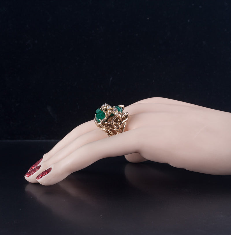 9k Yellow Gold Rough Emerald Round Diamond Cocktail Style Ring .24ctw 12.95g