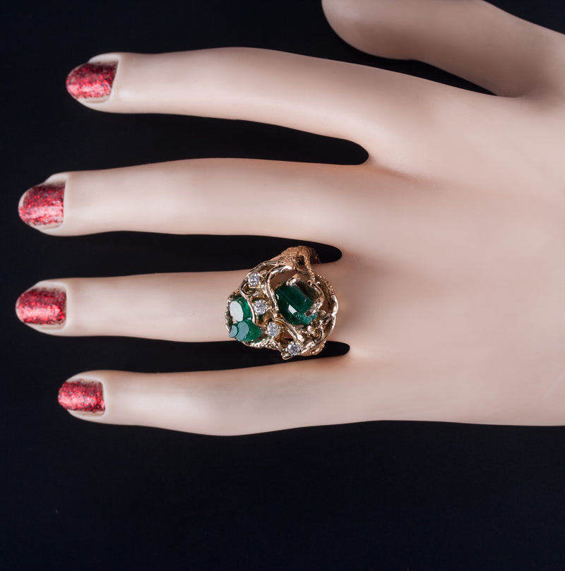 9k Yellow Gold Rough Emerald Round Diamond Cocktail Style Ring .24ctw 12.95g