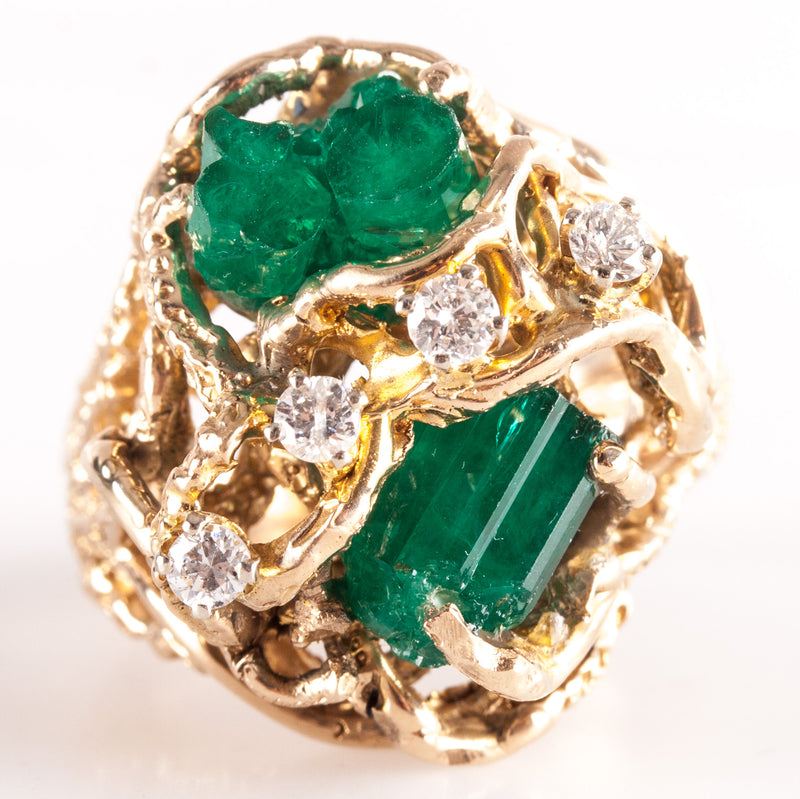 9k Yellow Gold Rough Emerald Round Diamond Cocktail Style Ring .24ctw 12.95g