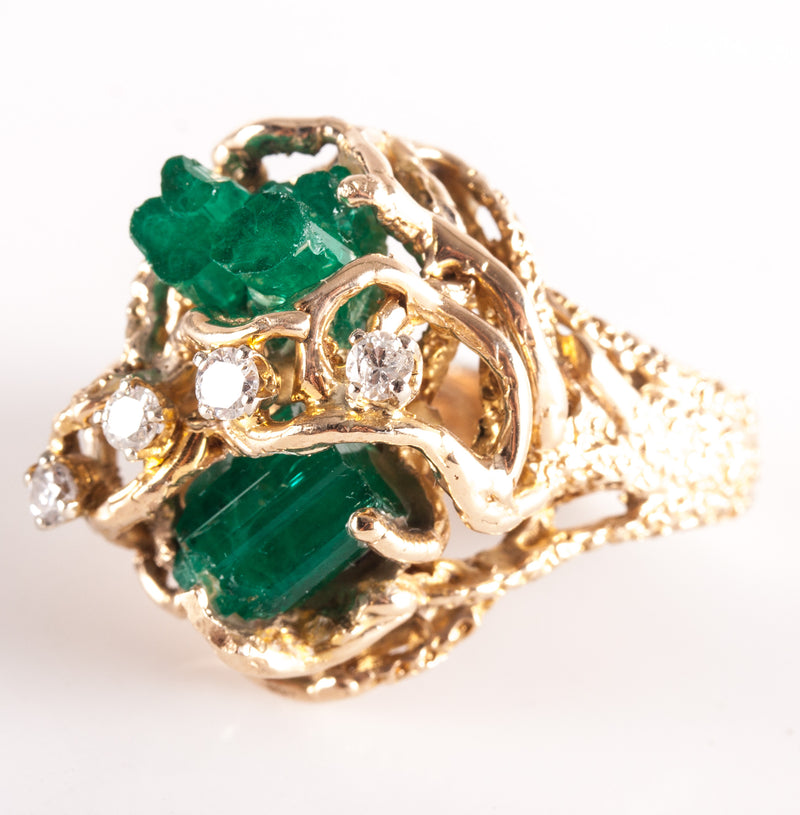 9k Yellow Gold Rough Emerald Round Diamond Cocktail Style Ring .24ctw 12.95g