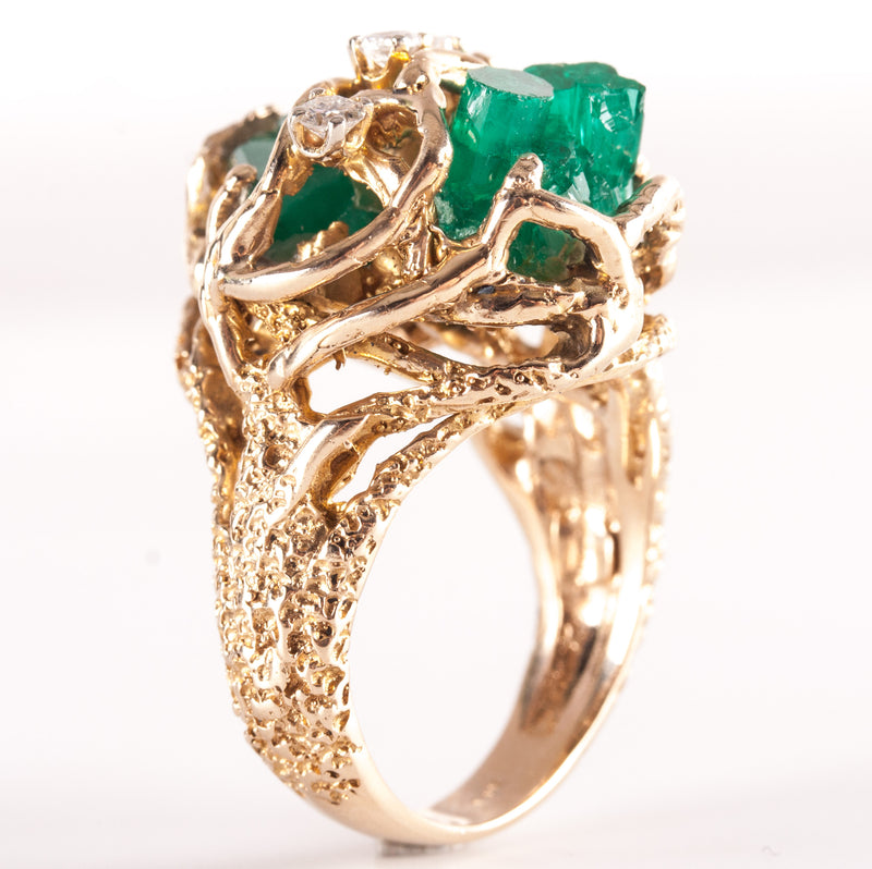 9k Yellow Gold Rough Emerald Round Diamond Cocktail Style Ring .24ctw 12.95g