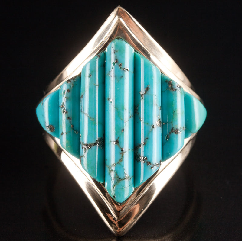 12k Yellow Gold Fancy Shaped Kingman Turquoise Cocktail Ring 12.85g