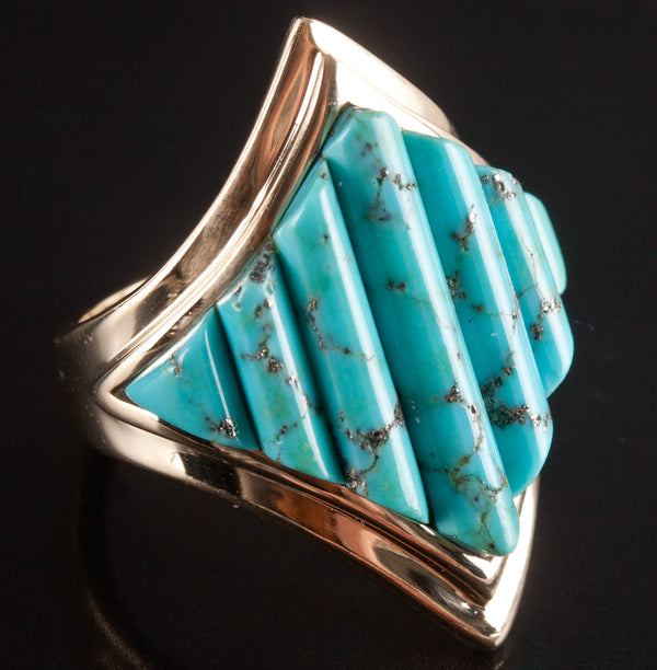 12k Yellow Gold Fancy Shaped Kingman Turquoise Cocktail Ring 12.85g