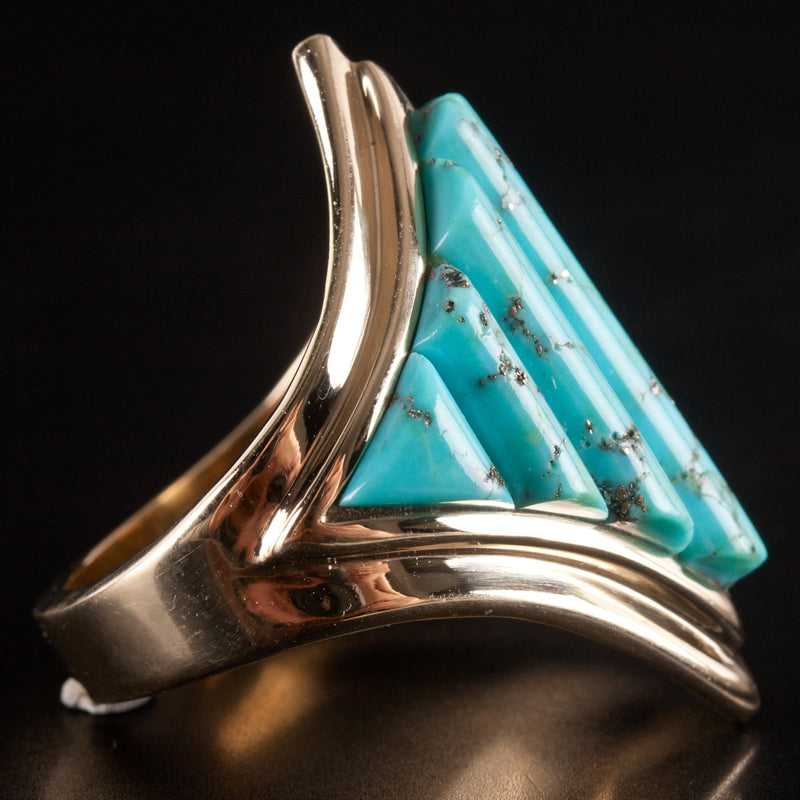 12k Yellow Gold Fancy Shaped Kingman Turquoise Cocktail Ring 12.85g