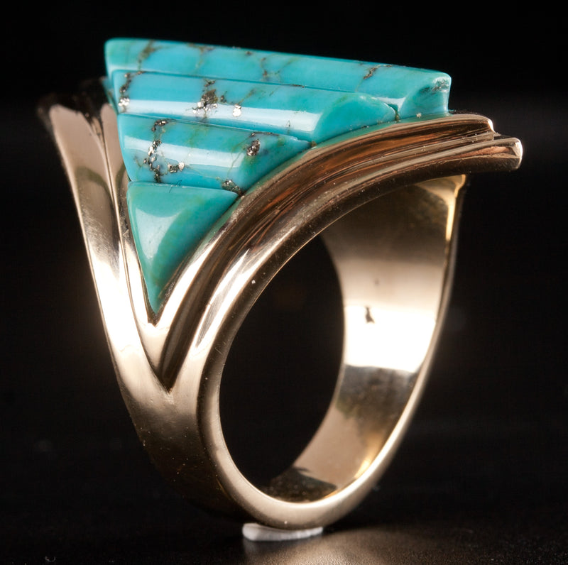 12k Yellow Gold Fancy Shaped Kingman Turquoise Cocktail Ring 12.85g