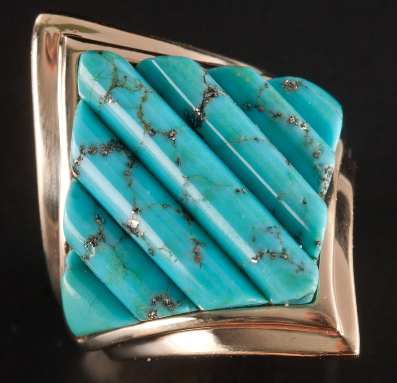 12k Yellow Gold Fancy Shaped Kingman Turquoise Cocktail Ring 12.85g