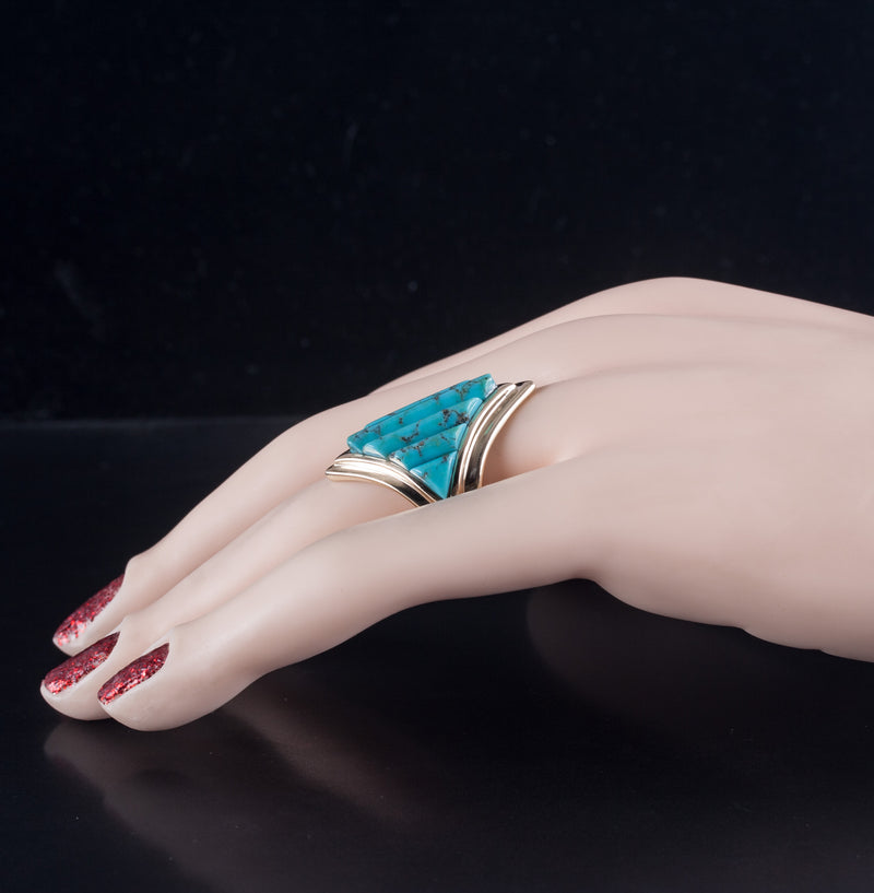 12k Yellow Gold Fancy Shaped Kingman Turquoise Cocktail Ring 12.85g
